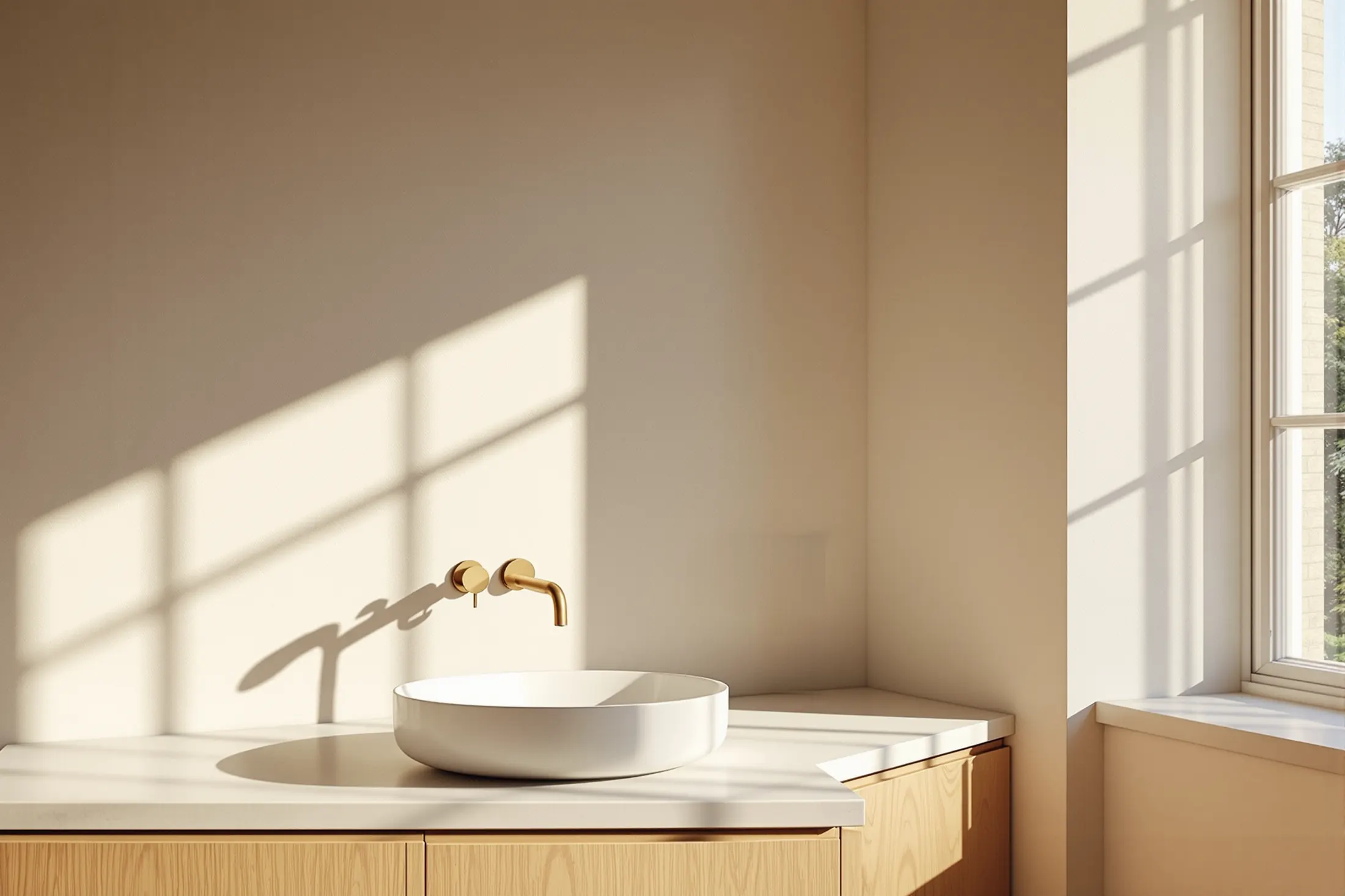 Sunlit bathroom with a wall-mounted brass mixer over a white basin, the shadow of a sash window across the plaster wall