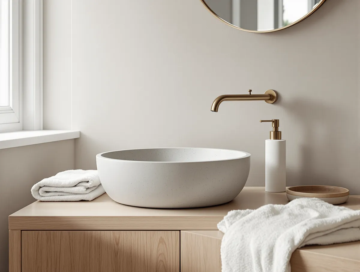 Pale oak washstand with a stone basin and brass tap