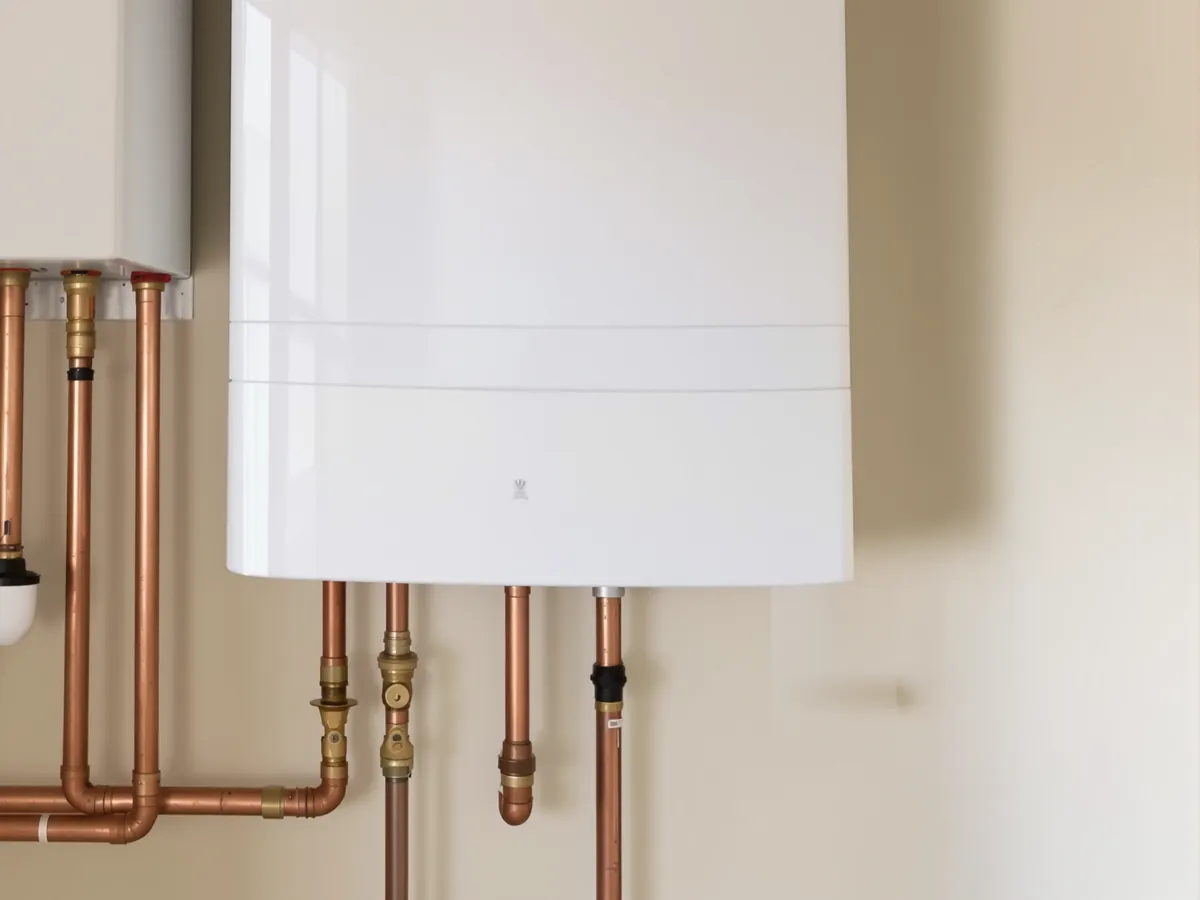 Wall-hung combi boiler with tidy copper pipework and brass isolation valves