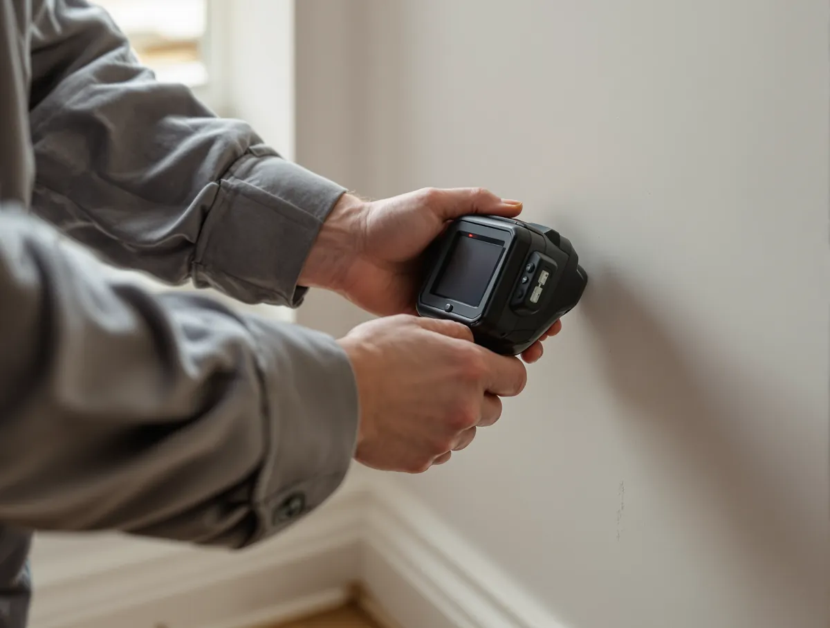 A plumber's hands holding a thermal imaging camera to a plastered wall to trace a hidden leak