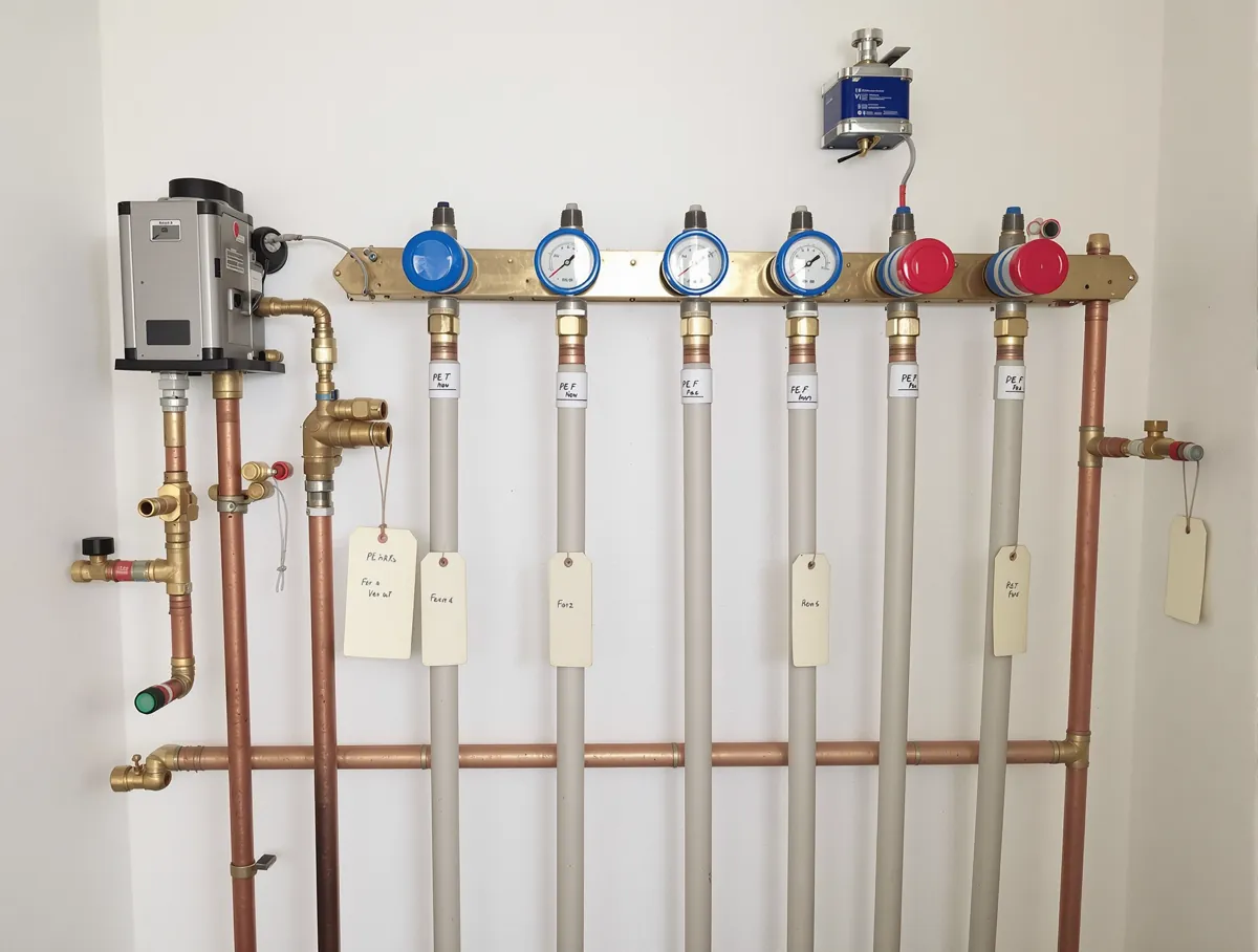 Brass underfloor heating manifold with gauges and labelled loops in a utility cupboard