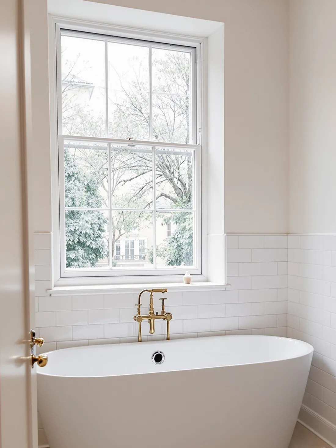 Finished bathroom with a freestanding bath under a sash window, wall-mounted brass bath filler and metro tiles
