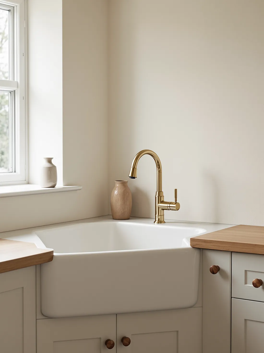 Kitchen corner with a fireclay butler sink and a brass mixer tap